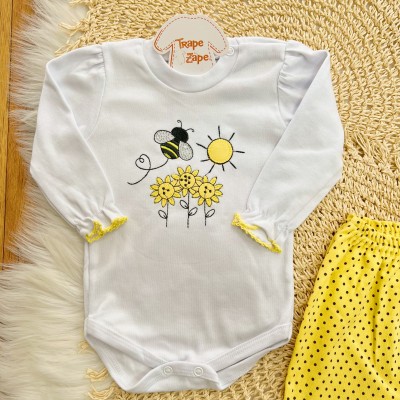 Conj. Body Manga Longa e Calça Abelhinha com Poá Preto - Branco e Amarelo